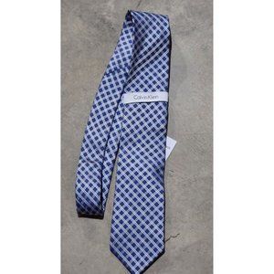 Calvin Klein Men's Silk Blend Tie Navy Blue and White Blocked Checks